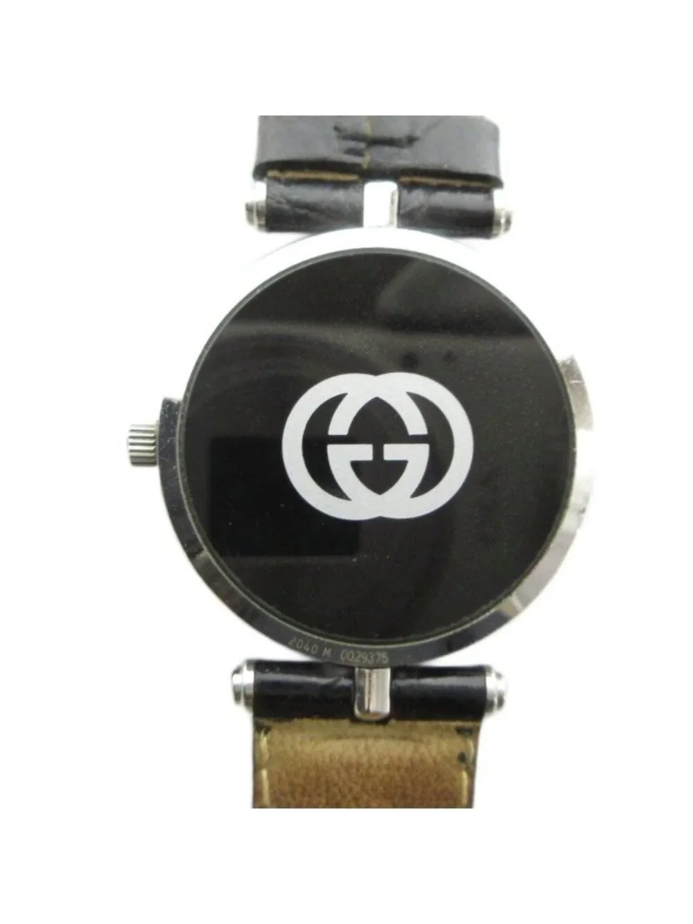 Gucci Watch Quartz Roman Black Dial Leather Strap Silver